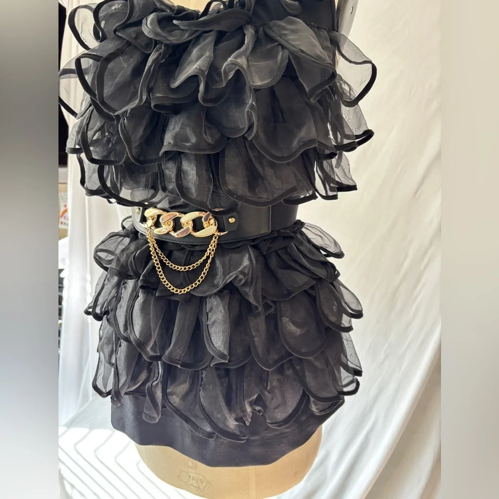 Black cascading ruffle party top M - Picture 7 of 8